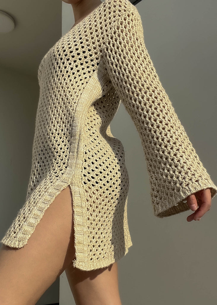 90's Beige Crochet Bell Sleeve Mini Dress (M) Retro and Groovy 90's Beige Crochet Bell Sleeve Mini Dress (M) Retro and Groovy