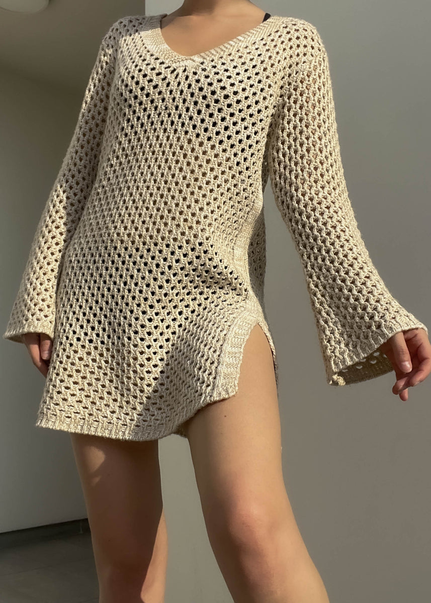 crochet bell sleeve dress pattern 90's Beige Mini (M) and dramatic flared sleeves pm_nyd Color:Light City Khaki Sienna Smocked Maternity &