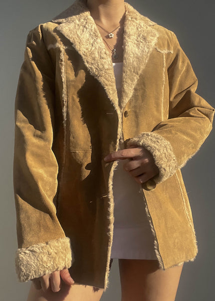 90's Tan Fuzzy Trim Coat (M)