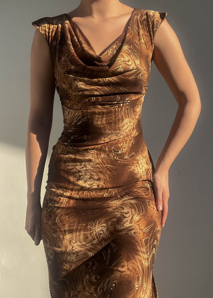 Late 90’s Gold & Brown Print Dress (S)
