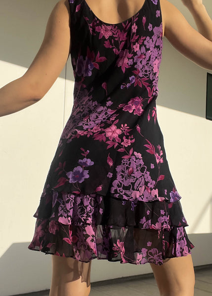 Purple & Black Floral Mini Dress (M)