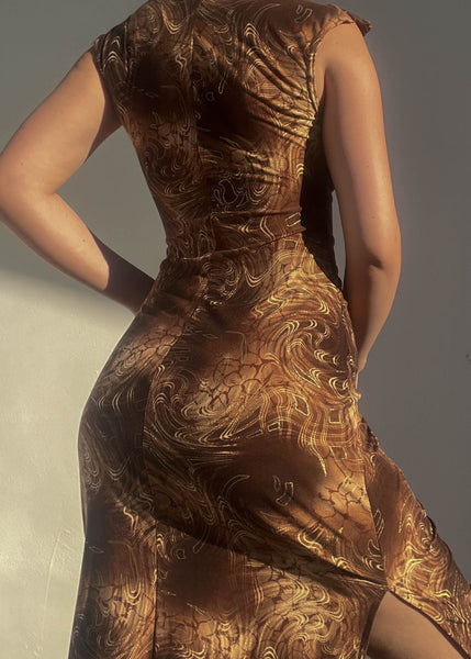 Late 90’s Gold & Brown Print Dress (S)