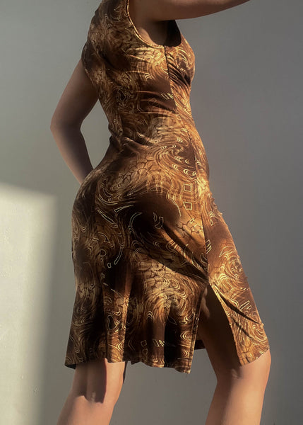 Late 90’s Gold & Brown Print Dress (S)