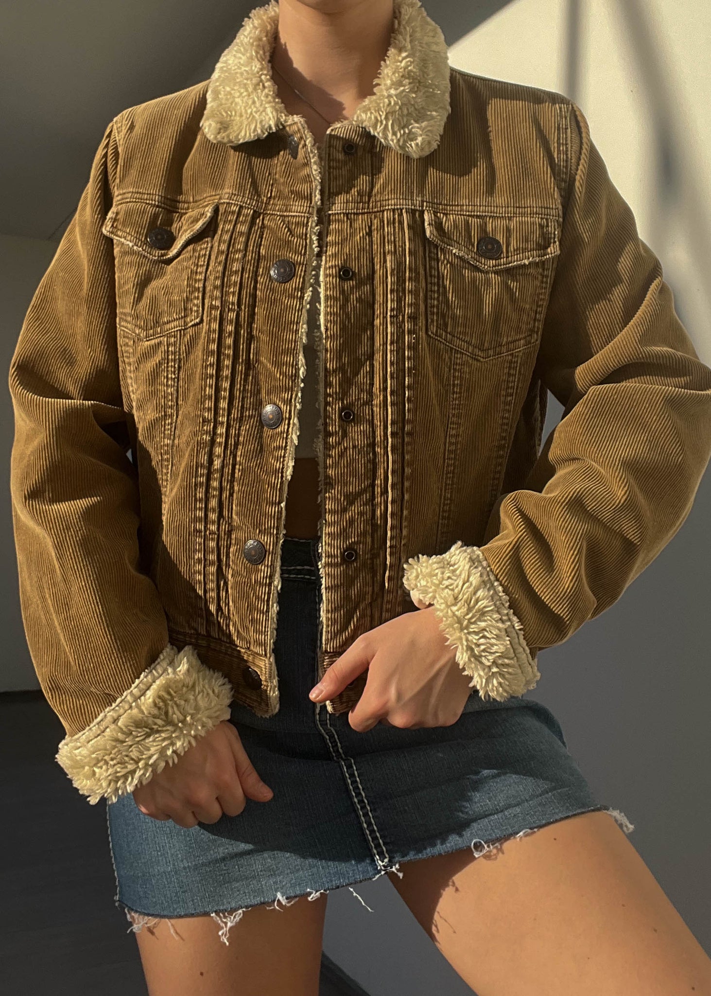 Fuzzy Trim Tan Cord Jacket (S/M)