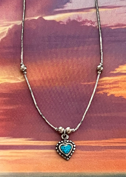 80’s Silver & Turquoise Heart Charm Necklace