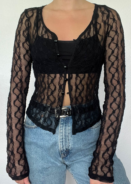 90's Black Lace Button Down (S)