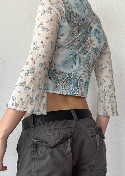 Y2k Blue Floral Bell Sleeve Crop (S)