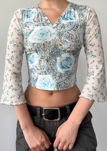 Y2k Blue Floral Bell Sleeve Crop (S)