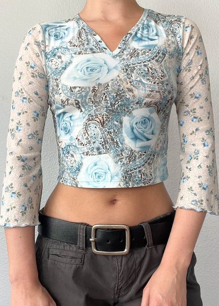 Y2k Blue Floral Bell Sleeve Crop (S)