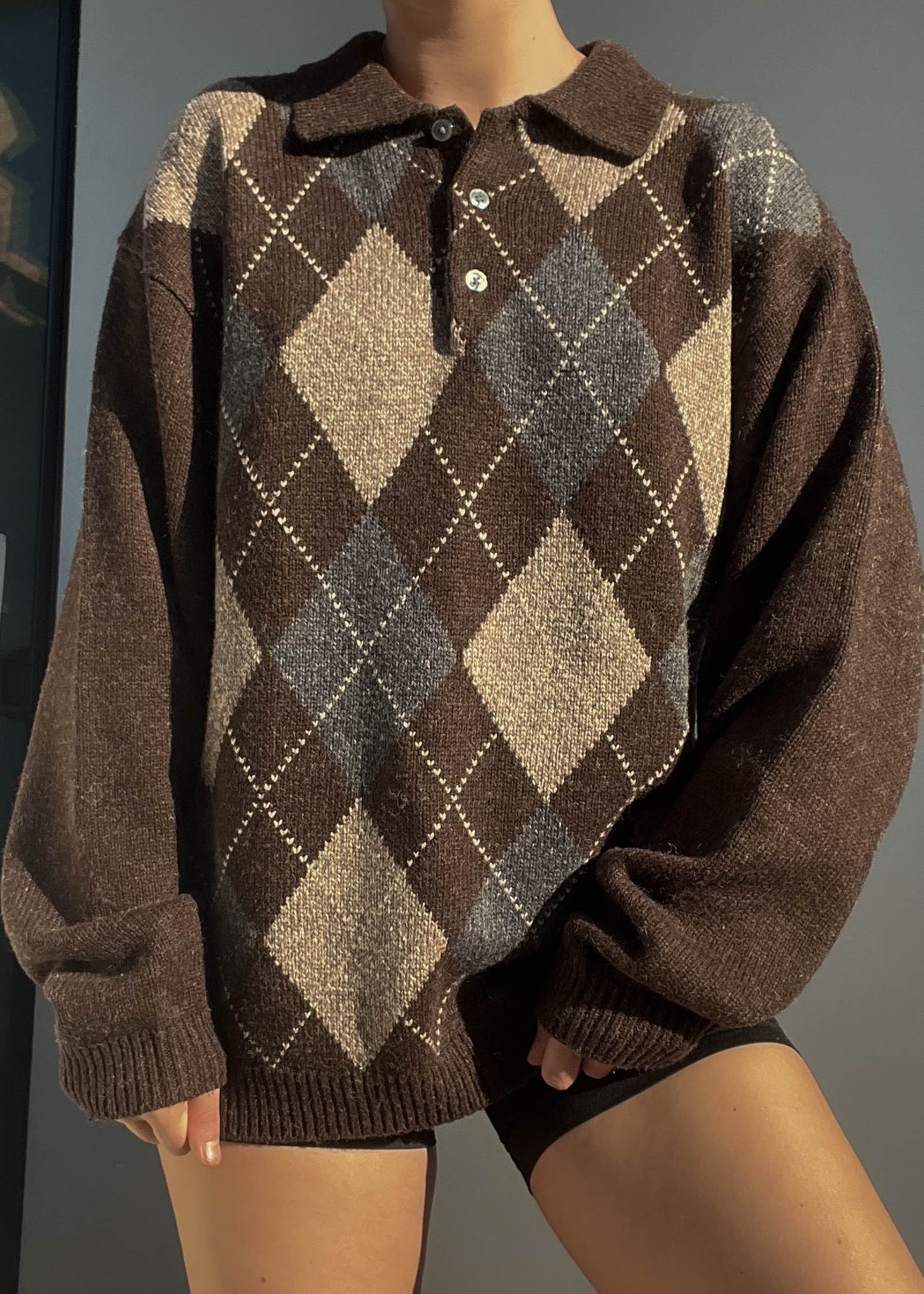 90's Brown Argyle Collared Knit (XL)