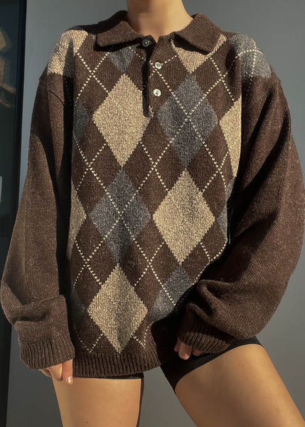 90's Brown Argyle Collared Knit (XL)