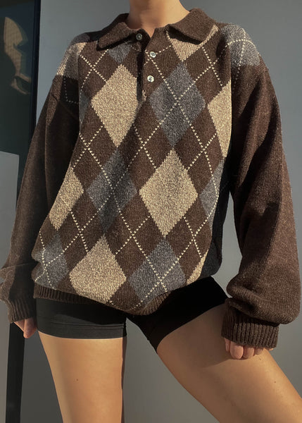 90's Brown Argyle Collared Knit (XL)