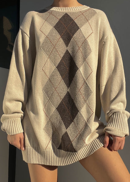 90's Beige Argyle Knit (XL)