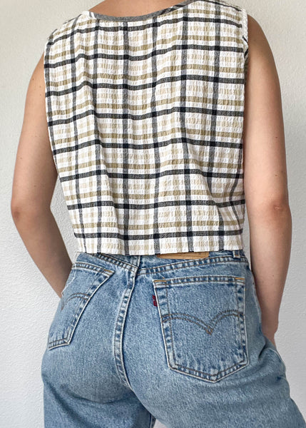 90's Neutral Plaid Print Tank (M-L)