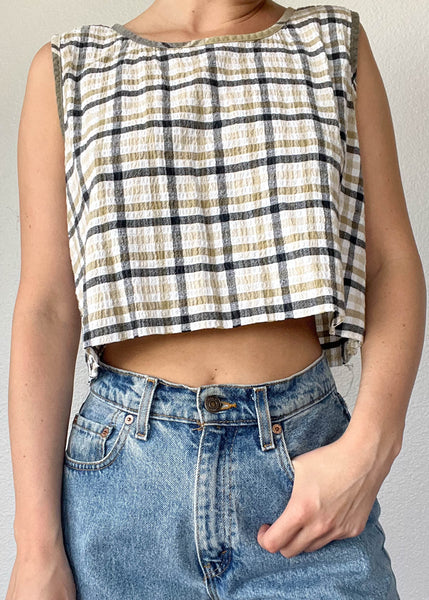90's Neutral Plaid Print Tank (M-L)
