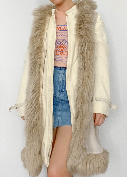 90’s Cream Fur Trim Coat (S)