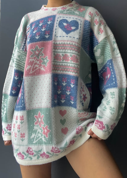 80's Patchwork Print Sweater (L)