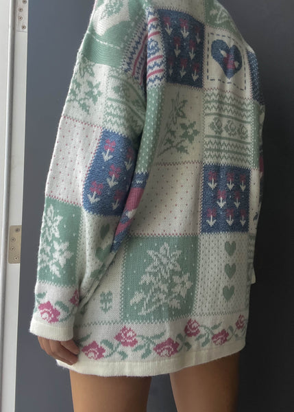 80's Patchwork Print Sweater (L)