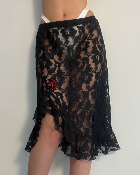 Black & Red Rosebud Midi Skirt (S)