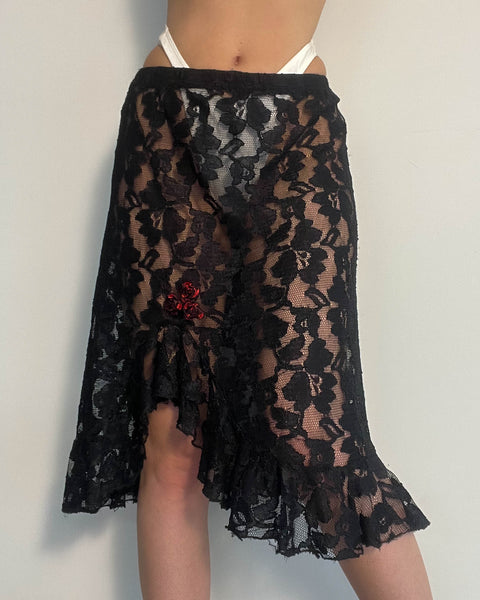 Black & Red Rosebud Midi Skirt (S)
