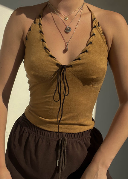 Vintage Tan & Brown Halter Top (S)