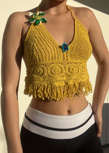 Y2k Flower Crochet Halter Top (S)