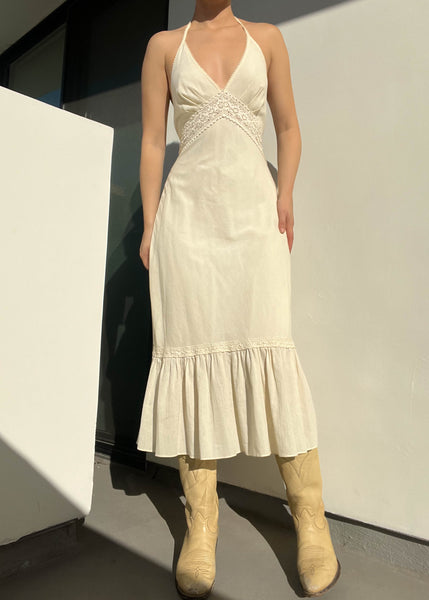 90’s Cream Halter Midi Dress (S-S/M)