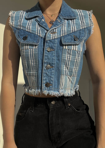 Denim & Plaid Color-Block Vest (S)