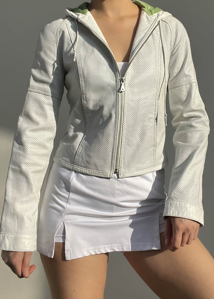 White Leather Hooded Jacket (S)