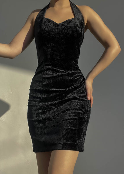 90’s Black Velvet Halter Mini Dress (S)