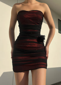 Layered Red & Black Ruched Mini Dress (S)
