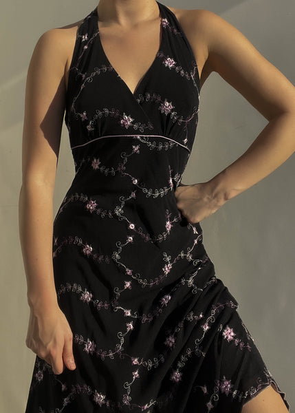 Y2k Floral Embroidered Halter Dress (M)