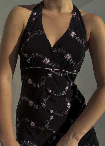 Y2k Floral Embroidered Halter Dress (M)