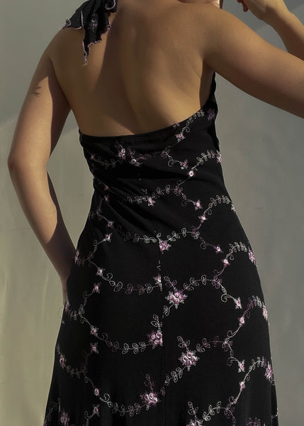Y2k Floral Embroidered Halter Dress (M)