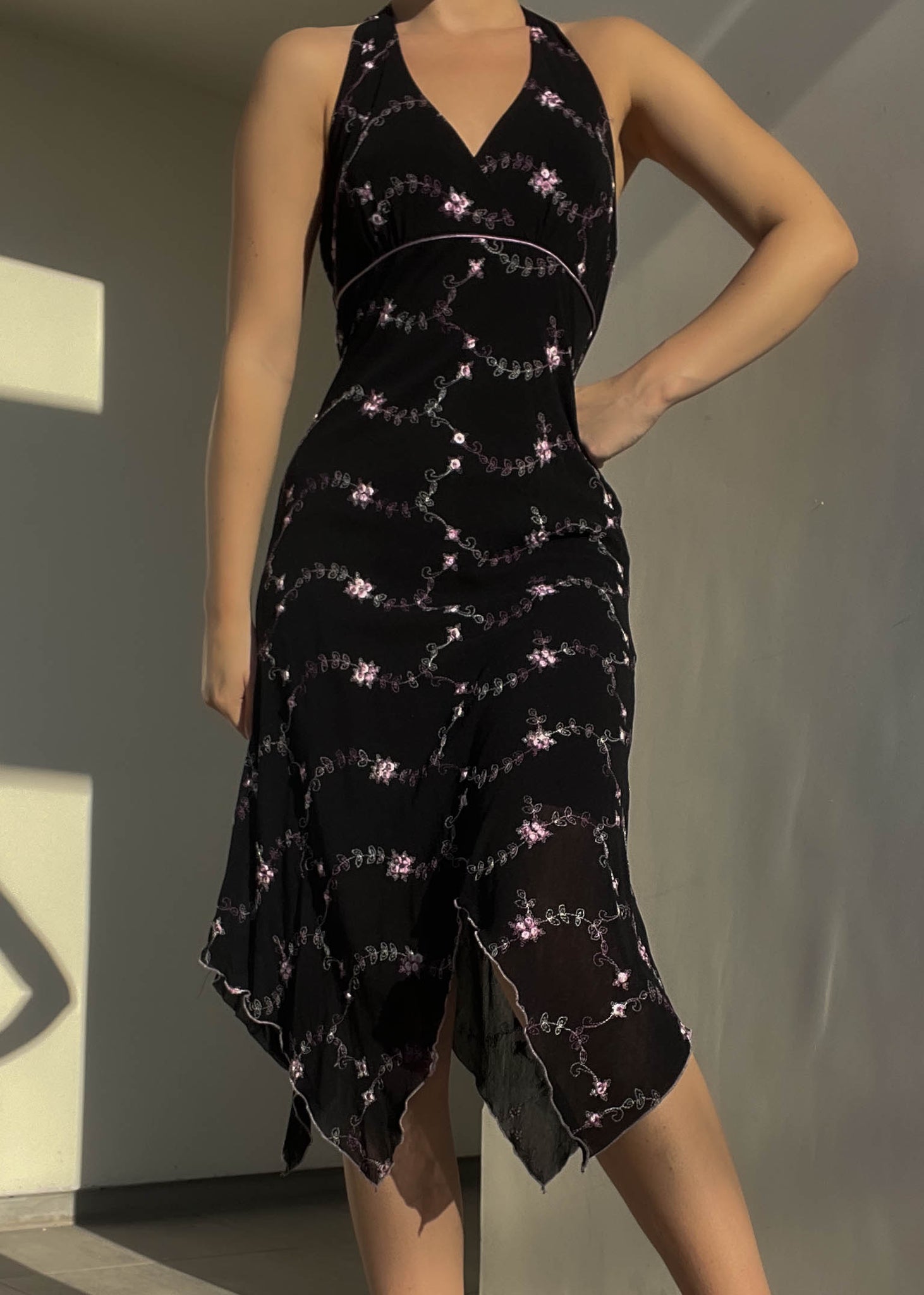 Y2k Floral Embroidered Halter Dress (M)