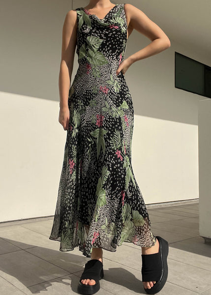 Vintage Tropical Print Silk Maxi (M)