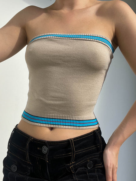 Y2k Stripe Trim Knit Tube Top (S)