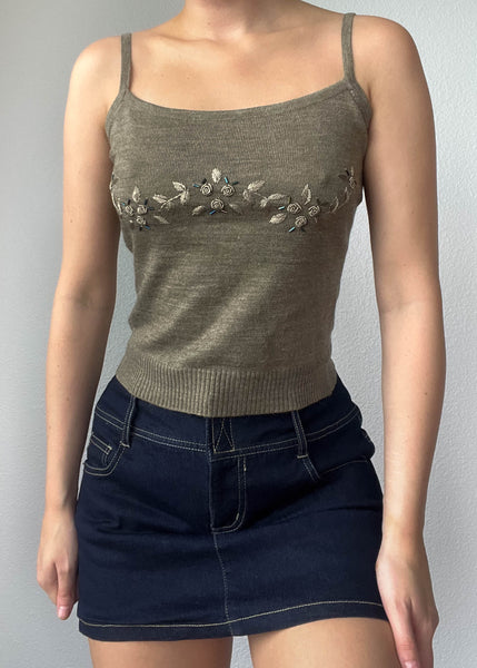 Y2k Olive Rose Knit Tank (S)
