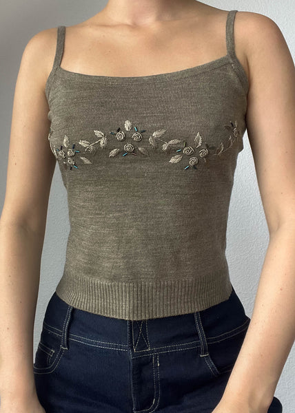 Y2k Olive Rose Knit Tank (S)