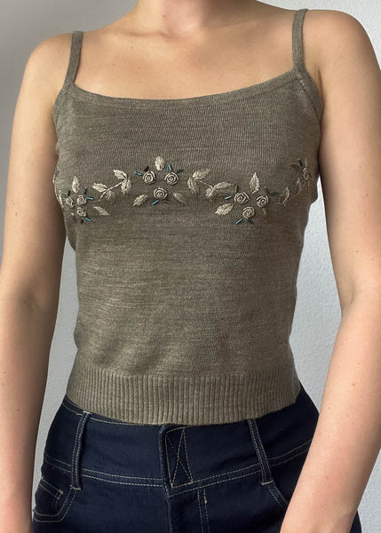 Y2k Olive Rose Knit Tank (S)