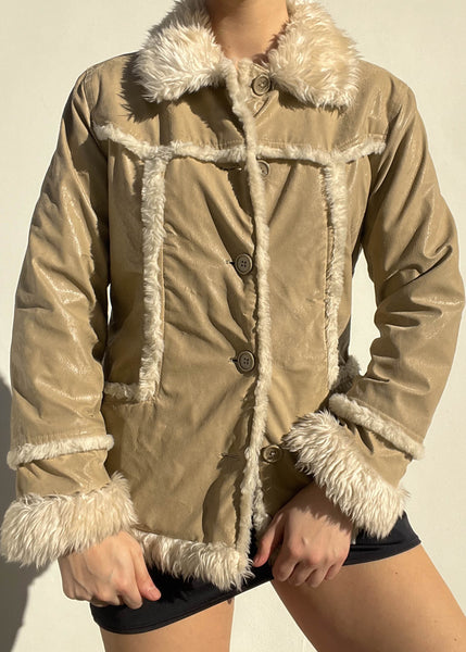 Tan & Beige Fur Trim Coat (S)