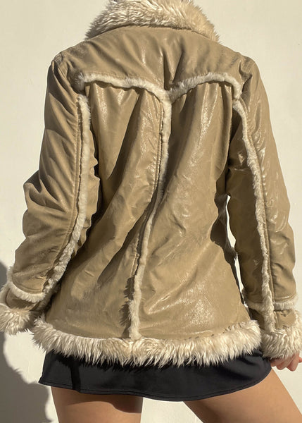 Tan & Beige Fur Trim Coat (S)