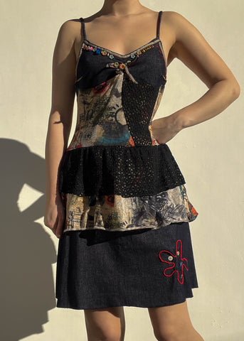 Y2k Patchwork Ruffle Midi Dress (M)