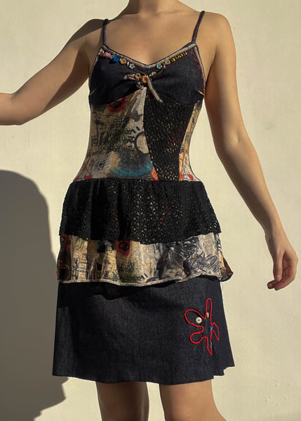 Y2k Patchwork Ruffle Midi Dress (M)