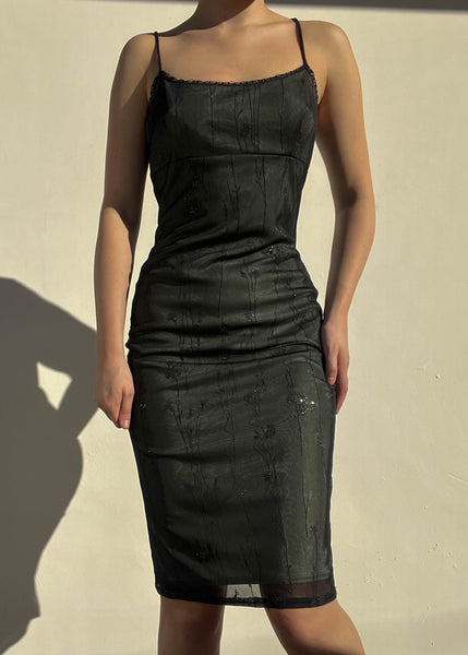 90’s Black & Sage Sparkle Midi Dress (S)