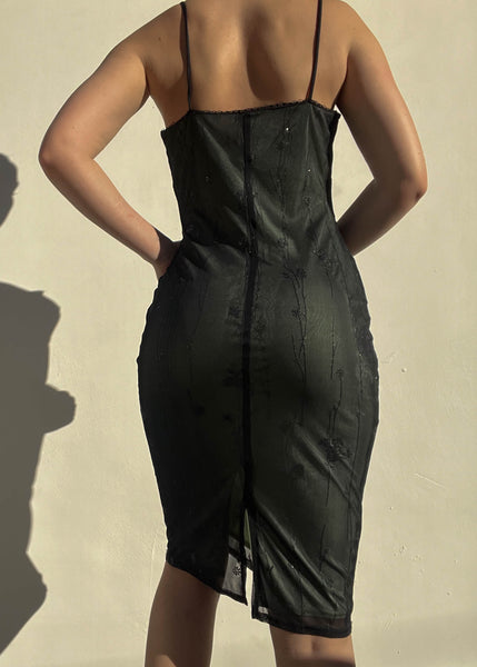 90’s Black & Sage Sparkle Midi Dress (S)