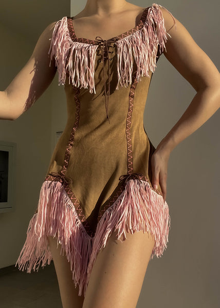 Brown Suede & Pink Fringe Mini Dress (S)