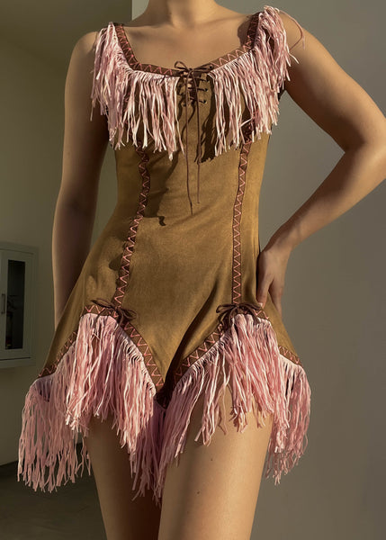 Brown Suede & Pink Fringe Mini Dress (S)