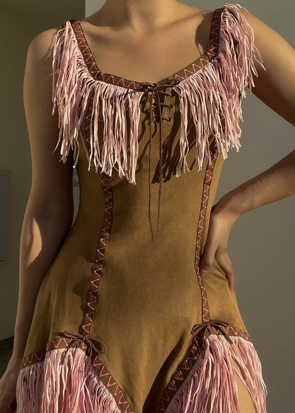 Brown Suede & Pink Fringe Mini Dress (S)