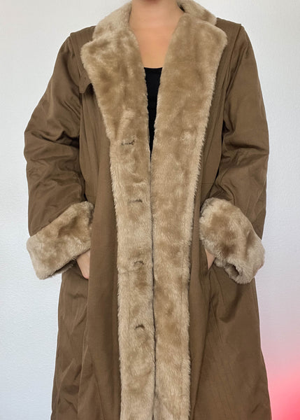 60's Brown Fur Trim Coat (L)